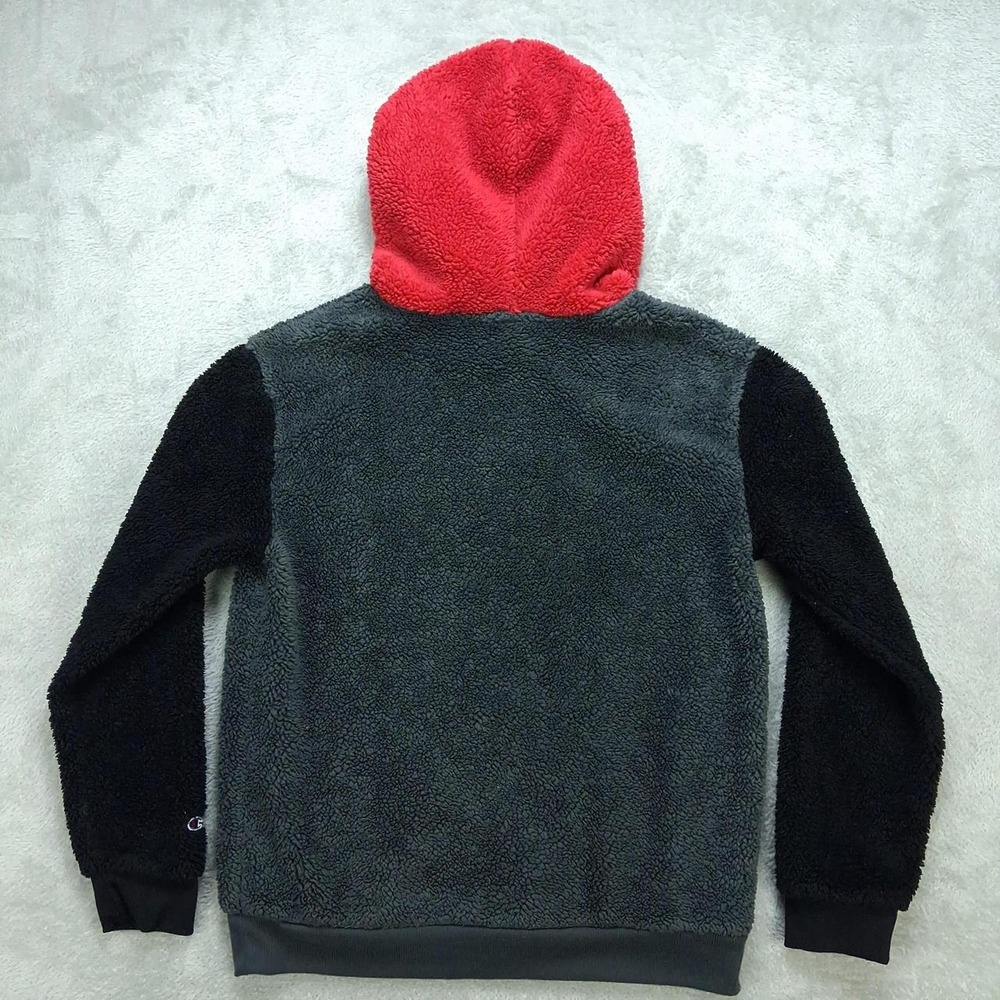 Champion Boys Sherpa Fleece Hoodie Gray Black Red Colorblock Pullover L 14/16 - Picture 2 of 8